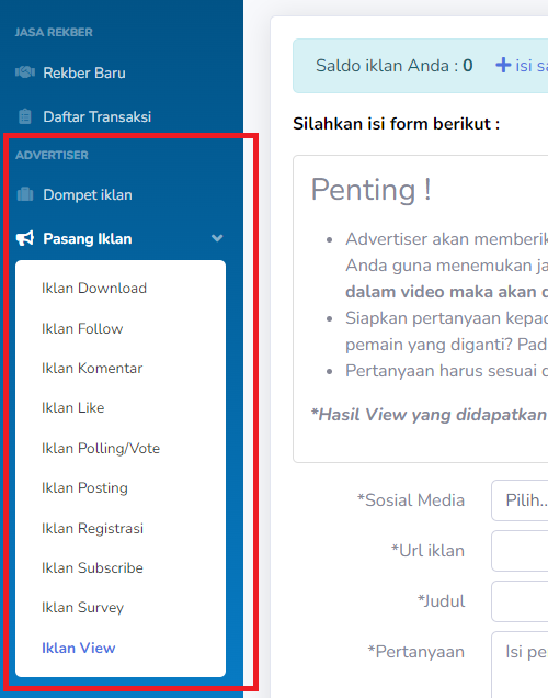 Cara pasang iklan di rekber.net